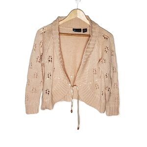 Cream Decorative Patterned Knit Cardigan with Rounded Bottom and Ribbon